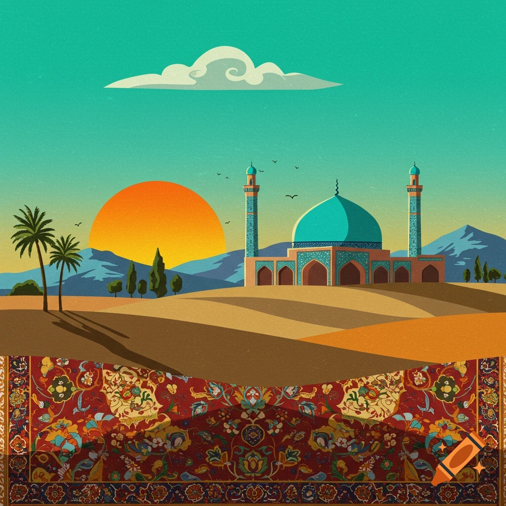A stylized image of a mosque in a desert landscape at sunset, with palm trees, mountains, and a detailed Persian rug in the foreground.