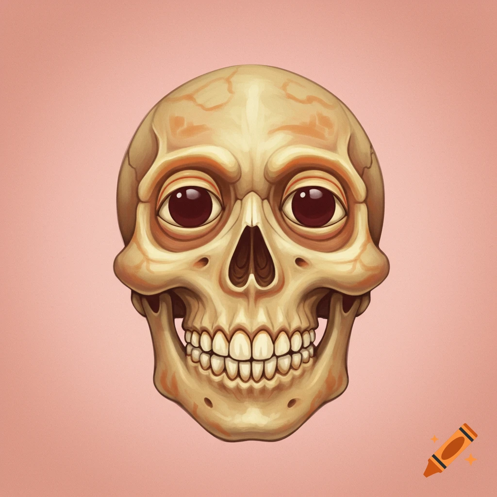 Stylized digital illustration of a skull with large eyes on a pink background.