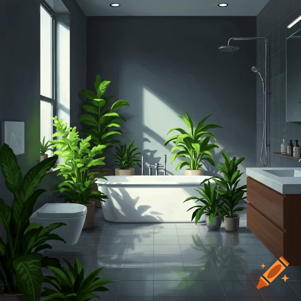 A modern bathroom filled with potted plants, lit by sunlight streaming through a large window.