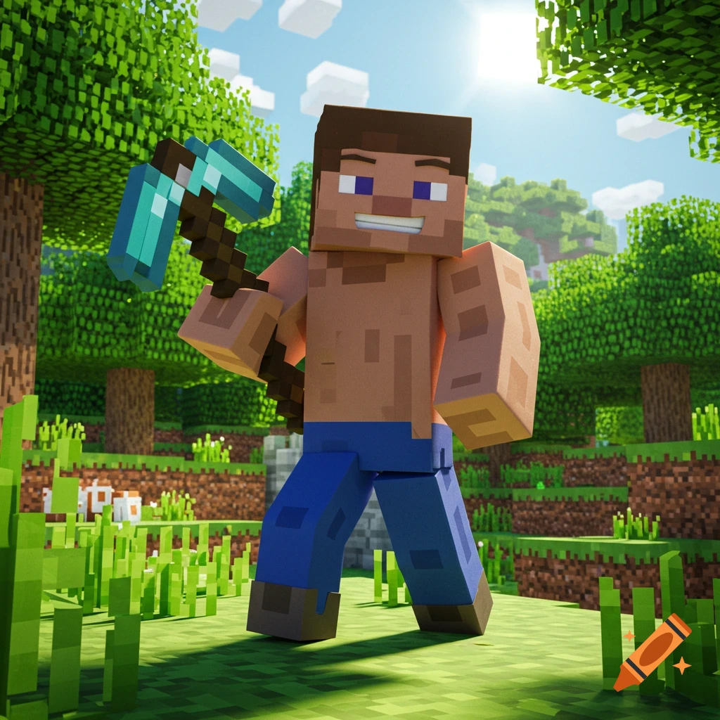 Steve from Minecraft holds a diamond pickaxe in a sunny, grassy world.