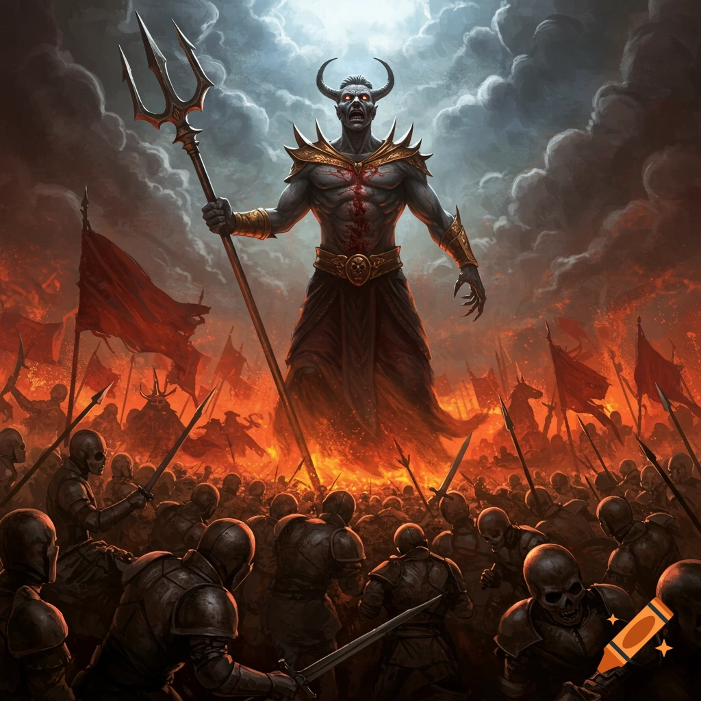 A demonic figure overlooks a fiery battlefield filled with soldiers and skeletons.