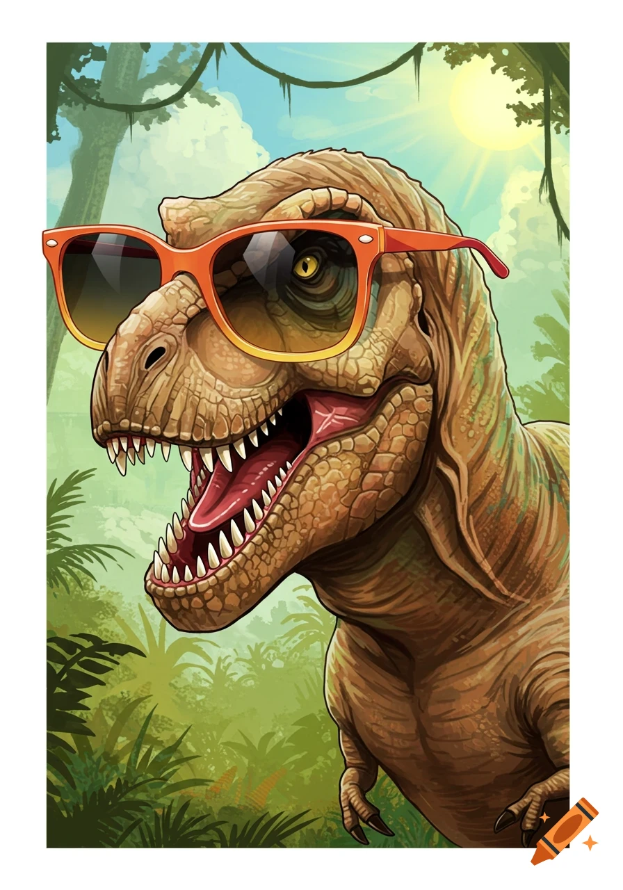 A digital illustration of a Tyrannosaurus Rex wearing orange sunglasses in a jungle setting.