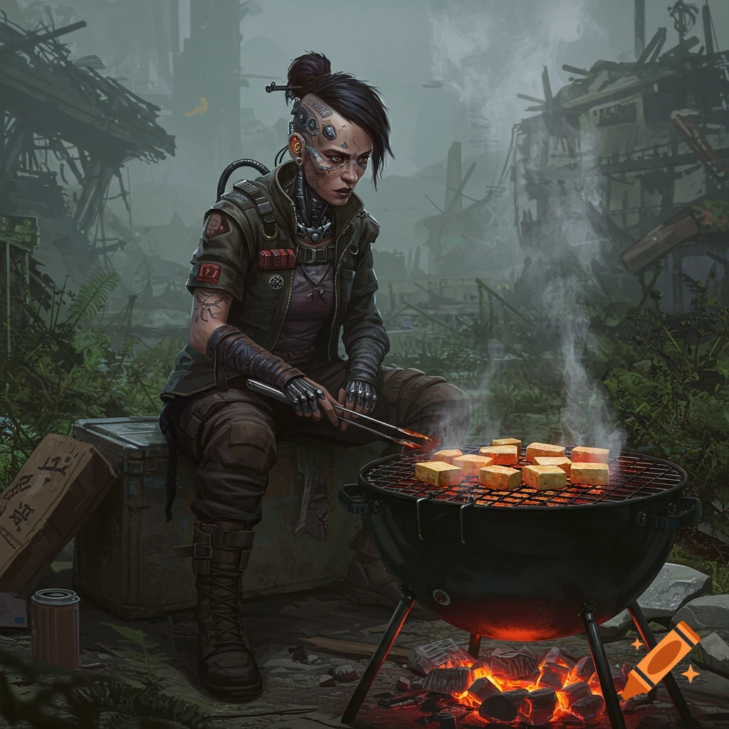 A cyborg post-apocalypse survivor is grilling tofu on a BBQ in ruins.