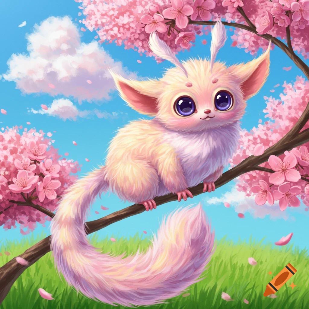 A fluffy, wide-eyed creature sits on a cherry blossom branch.