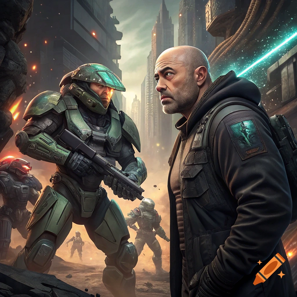 Joe Rogan faces a Master Chief-like soldier in a ruined futuristic city with other sci-fi soldiers in the background.