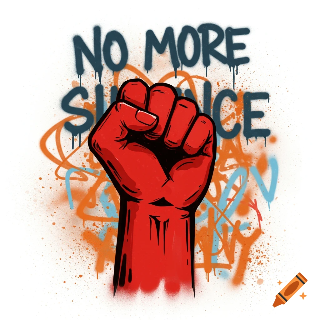 A red fist raised against a background of spray-painted text that reads 'NO MORE SILENCE' and abstract shapes.