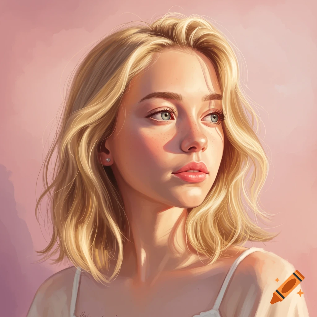 Blonde woman with sunlit hair looking away, against a pink background.