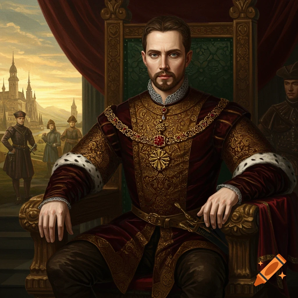 A prince on a throne wearing ornate historical attire.