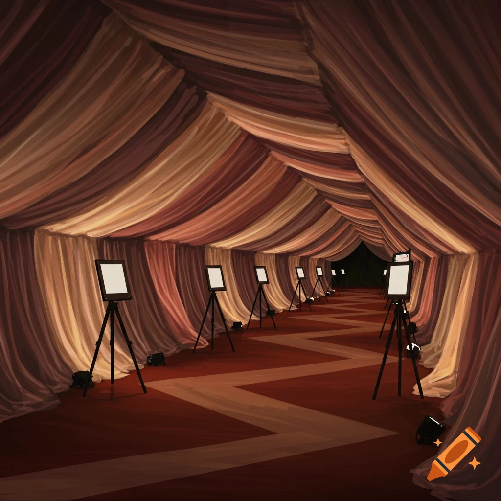 A draped walkway inside a tent features a zigzag pattern on the floor and easels on tripods lining the sides.