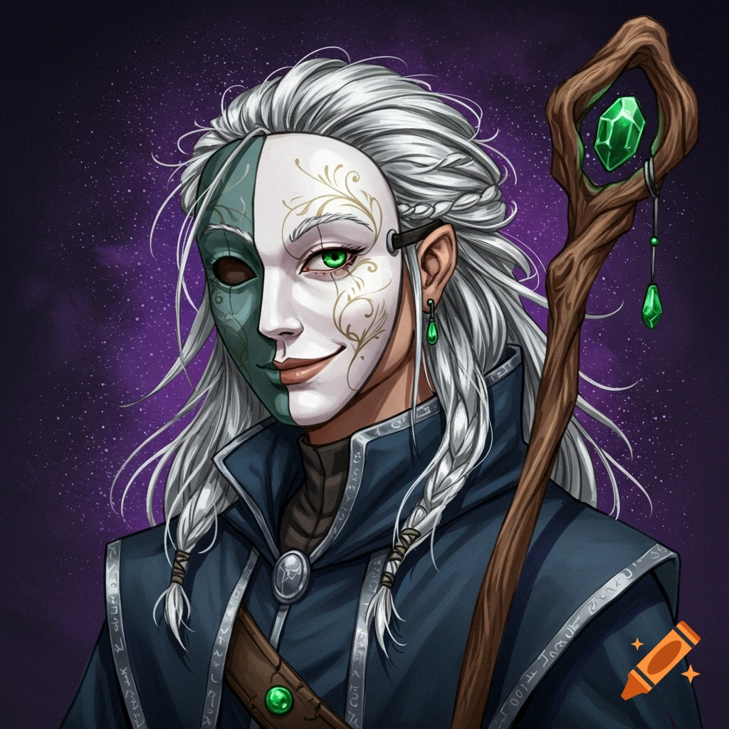 A fantasy character with a split mask, long white hair, and a staff with a green gem.