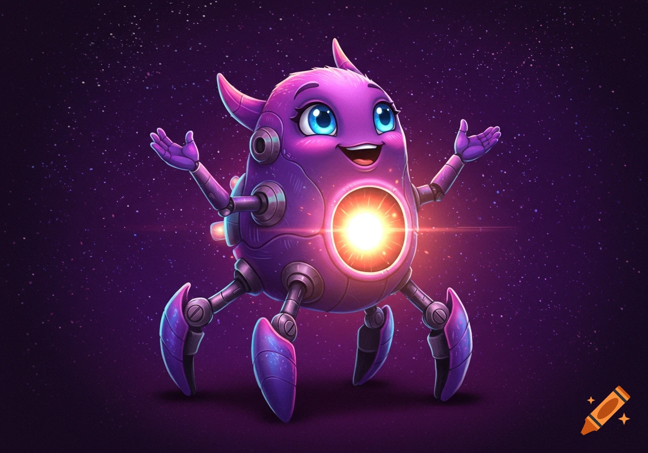Cartoon of a purple robot creature with glowing chest in space.