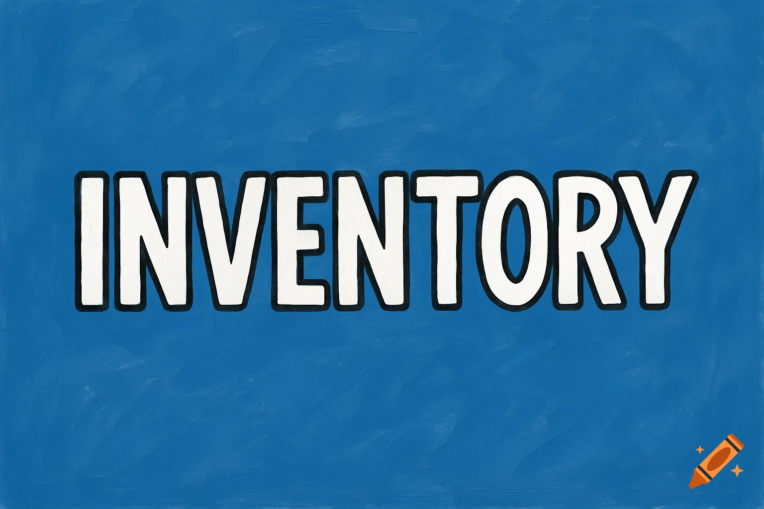 White text "INVENTORY" with black outline on a blue painted background.