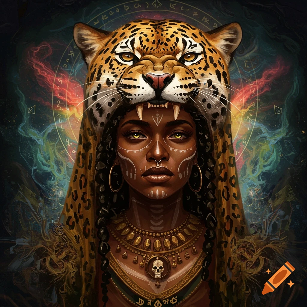 Portrait of a woman wearing a jaguar head hood and ornate jewelry, with mystical symbols in the background.