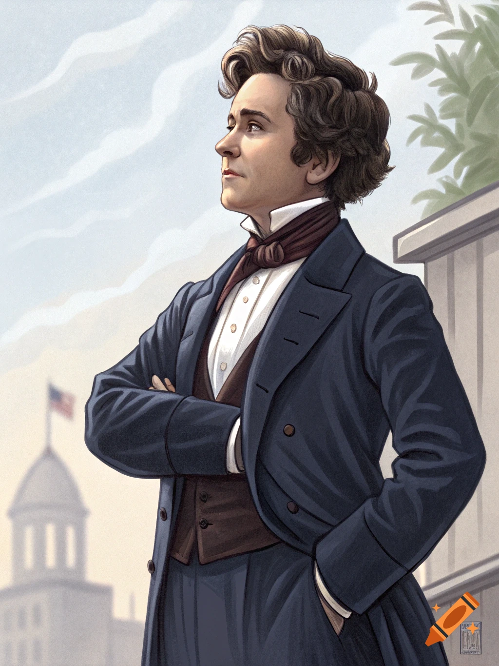 Illustrated portrait of a man in historical clothing looking upwards, with arms crossed, a building and flag in the background.