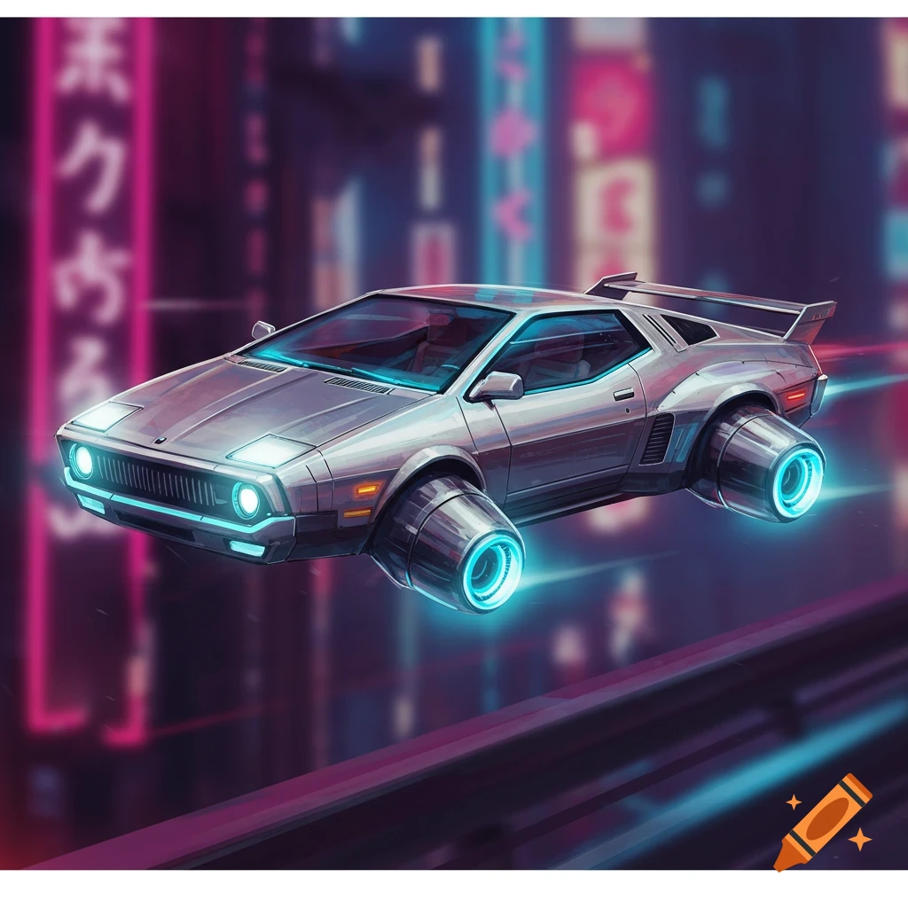 Futuristic silver flying car in a neon city at night
