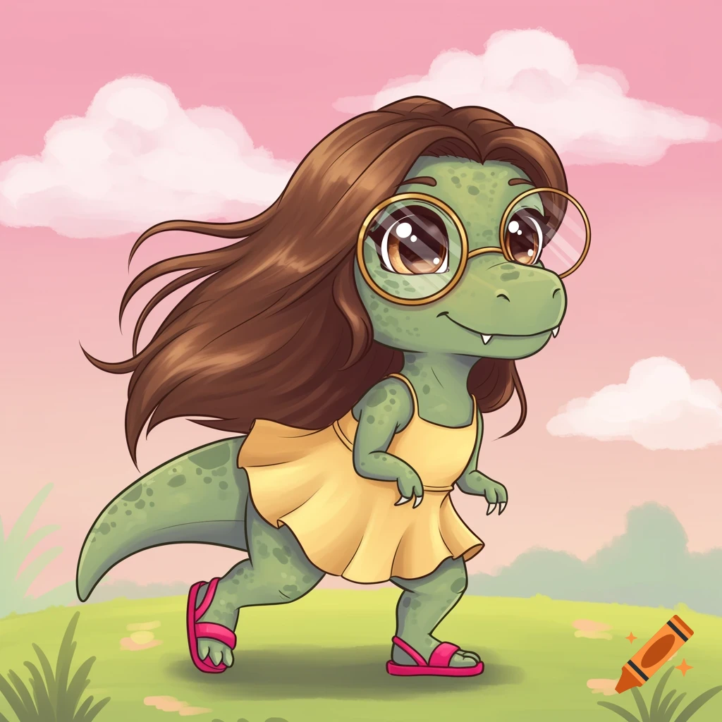Cute cartoon dinosaur girl with glasses, brown hair, yellow dress, and pink sandals walks in a meadow.