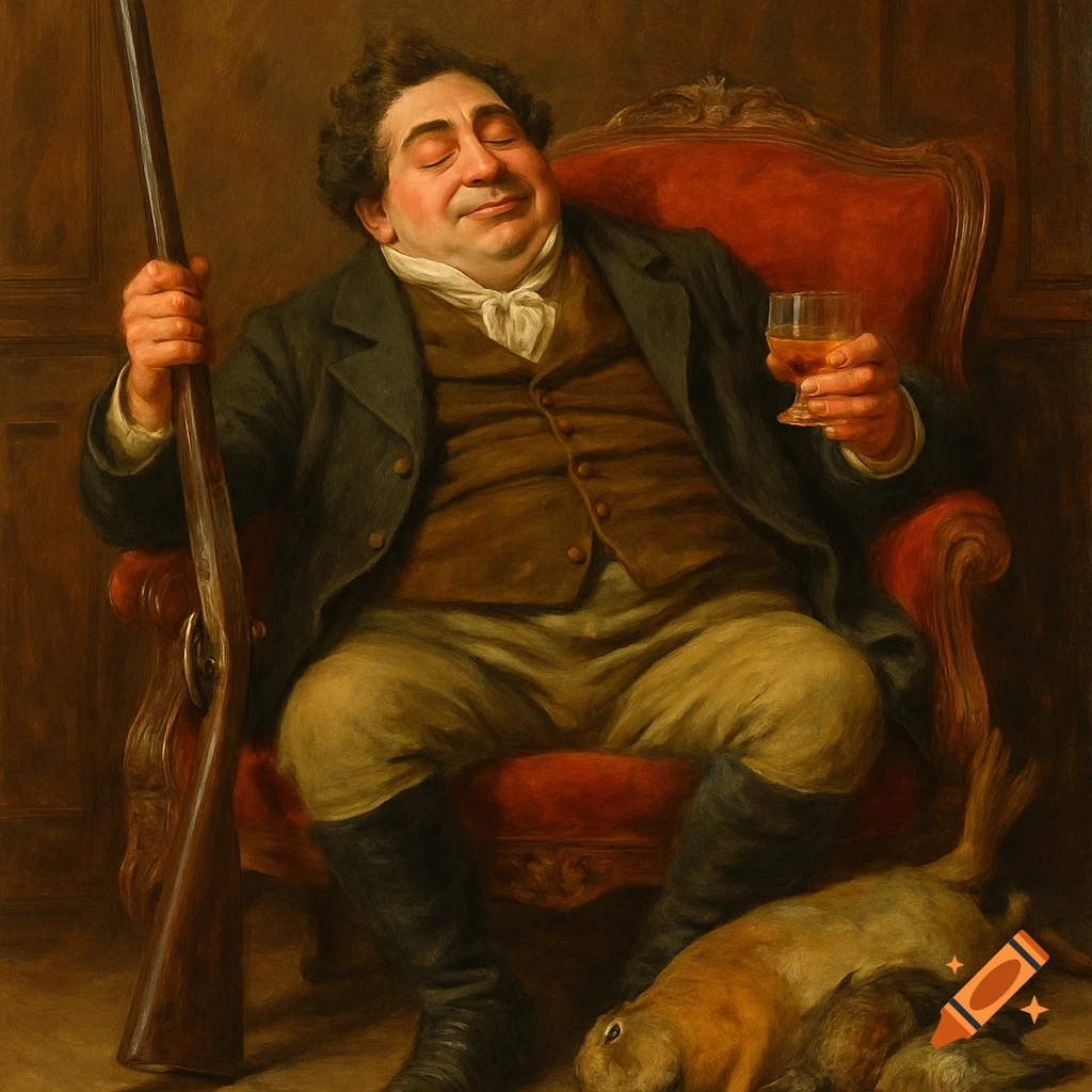 A painting of a man sitting in an armchair with a rifle and a drink, game birds at his feet.
