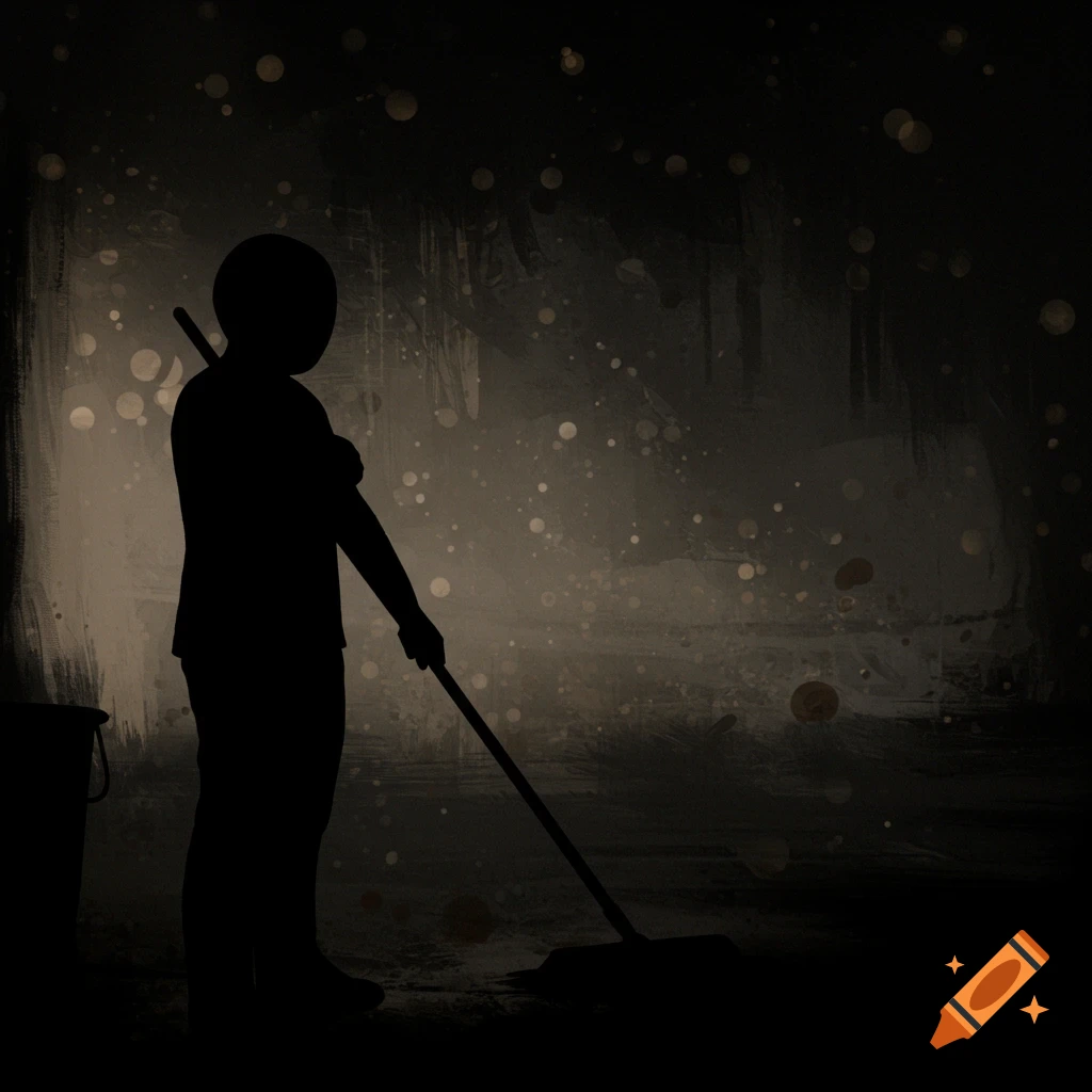 A black silhouette of a person mopping in a dark, atmospheric.