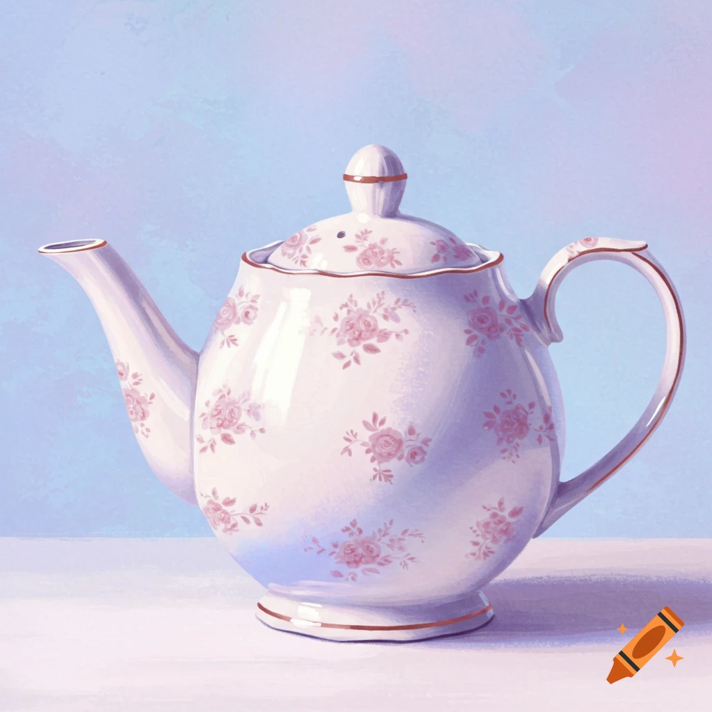 A white teapot with pink floral patterns and gold trim.