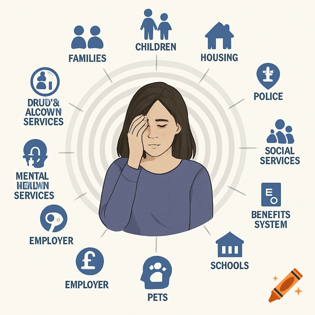 An infographic shows a distressed woman surrounded by icons and text labels representing areas like family, housing, police, social and health services, schools, employer, and pets.