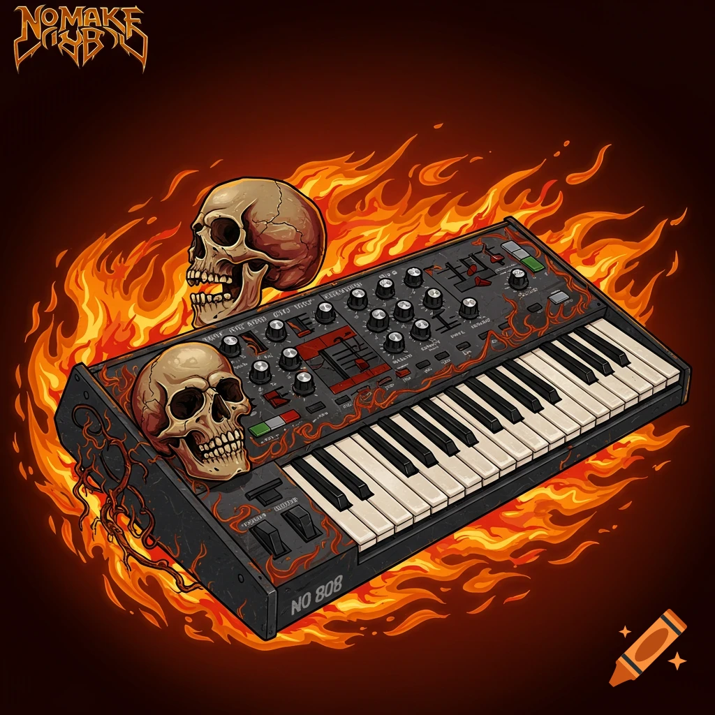 A synthesizer with two skulls on it is surrounded by flames.