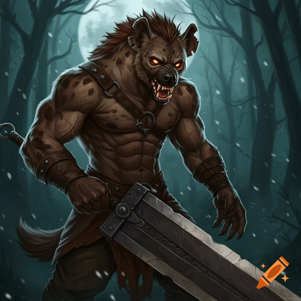 A strong hyena man holds a large claymore sword in a dark, snowy forest under a full moon.