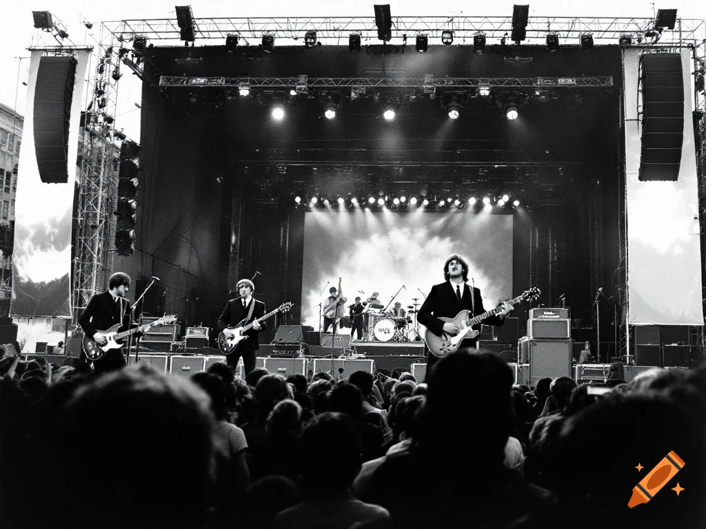 Black and white photo of The Beatles performing on a large stage viewed from the audience.