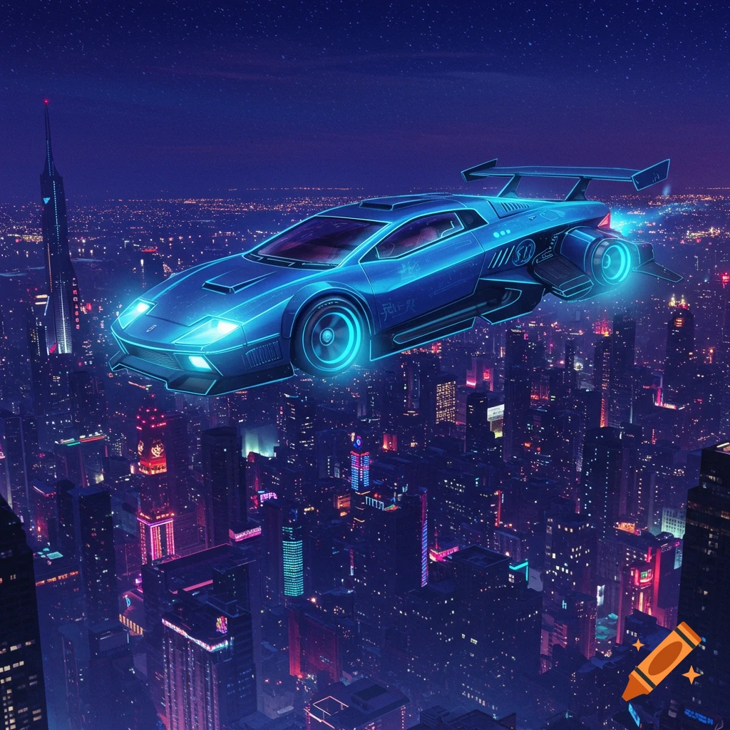 A blue futuristic flying car hovers above a neon-lit cityscape at night.