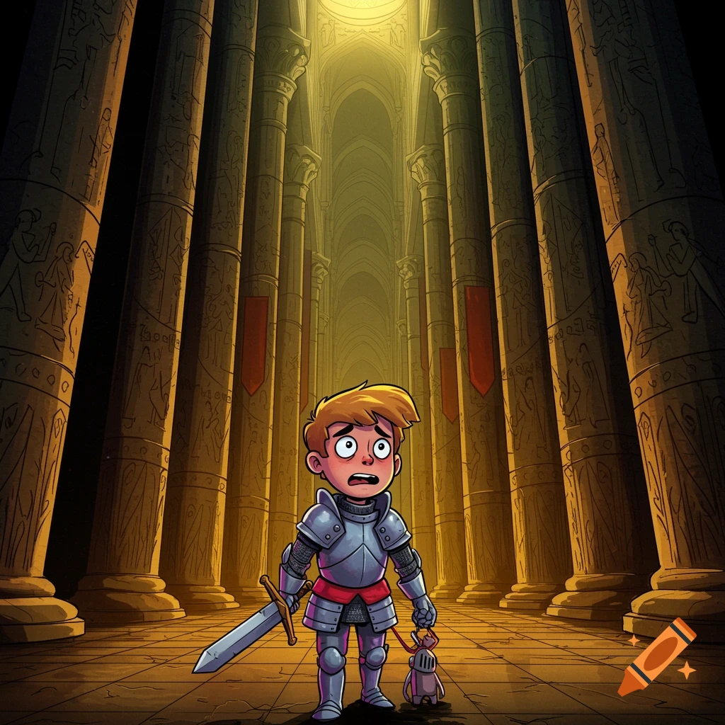 Cartoon young knight looking scared in a vast, pillared hall, holding a sword and a toy.