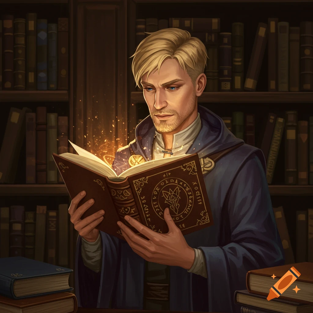 Blonde wizard with stubble in dark robes reading a glowing book in a library.