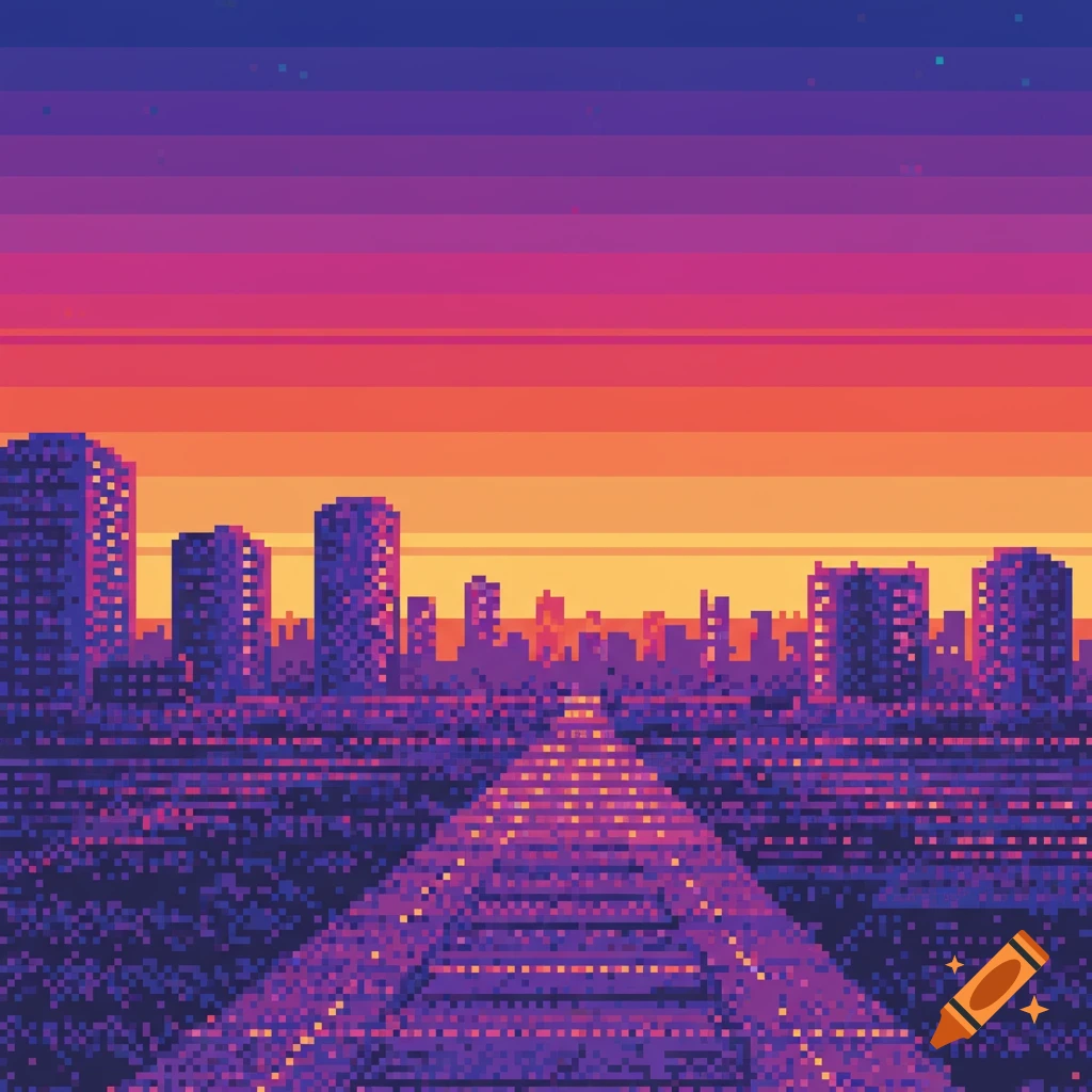 Pixelated city skyline at sunset with a path leading towards it.