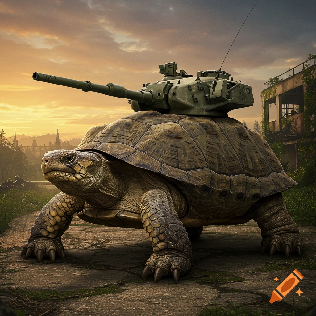 A giant tortoise with a tank turret on its shell is walking on a path in a post-apocalyptic setting.