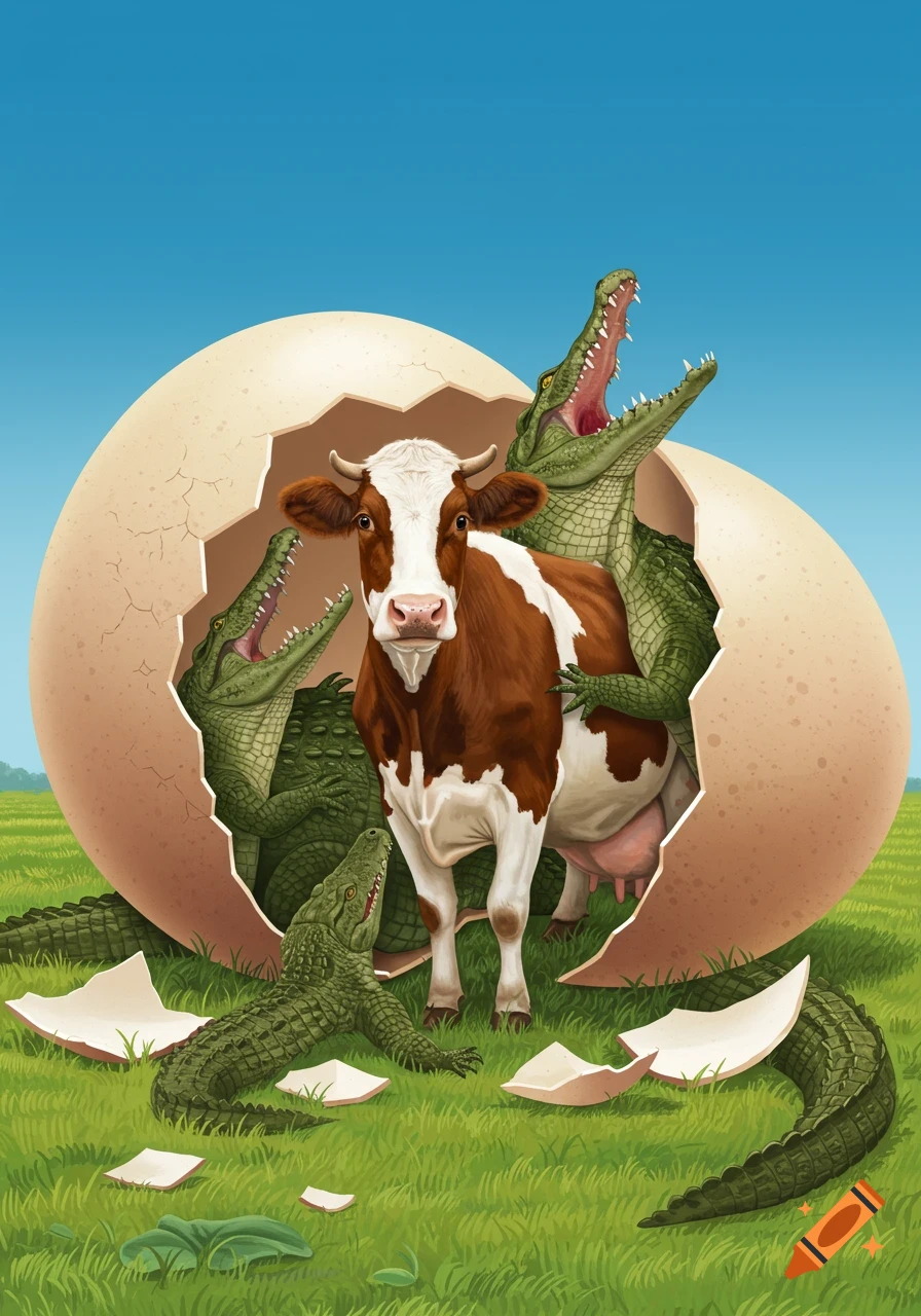 A cow inside a giant cracked egg with crocodiles emerging around it.