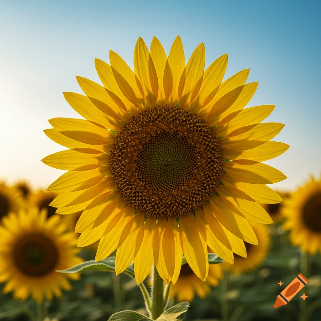 Close-up of a vibrant sunflower head in a field under a bright sky.