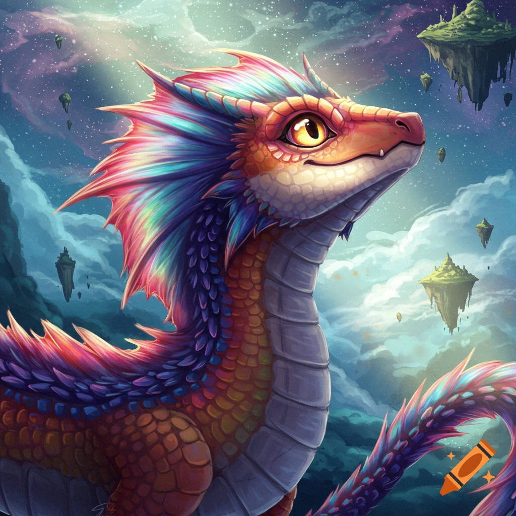 Colorful fantasy dragon in a sky with clouds and floating islands.