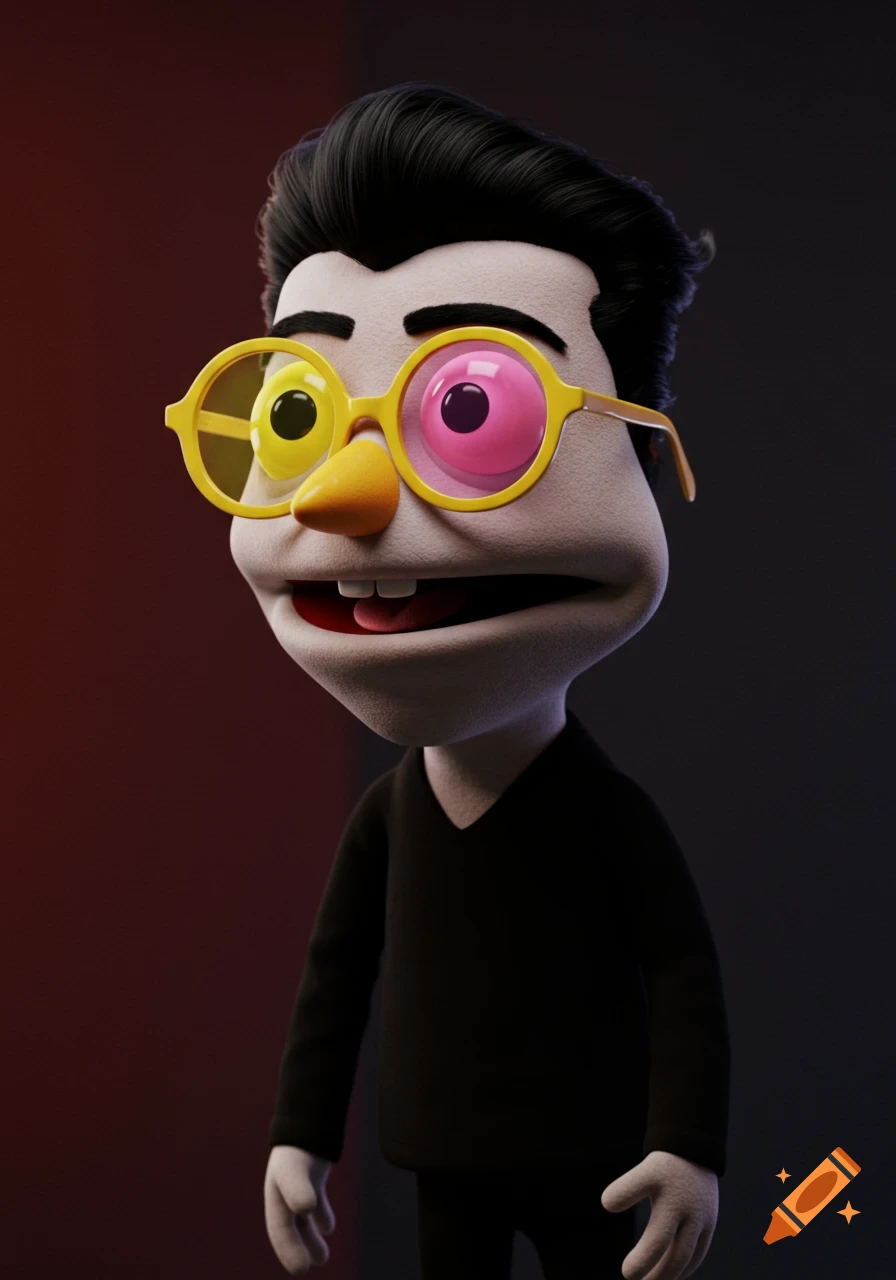 A 3D rendering of a puppet character with slicked black hair, yellow glasses with one pink lens, and a black v-neck shirt.