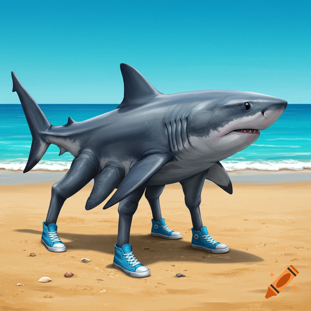A four-legged shark wearing blue shoes on a beach