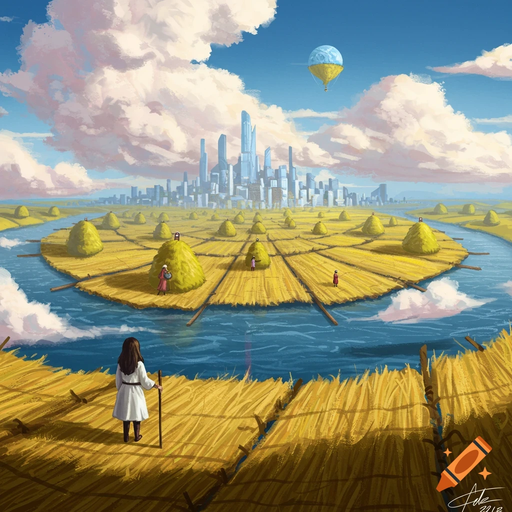 A city floats on hay mats in a river, seen from a field with figures and a hot air balloon.