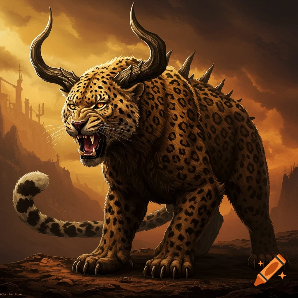 A snarling, leopard-like beast with large horns and spikes stands in a rocky landscape under an orange sky.