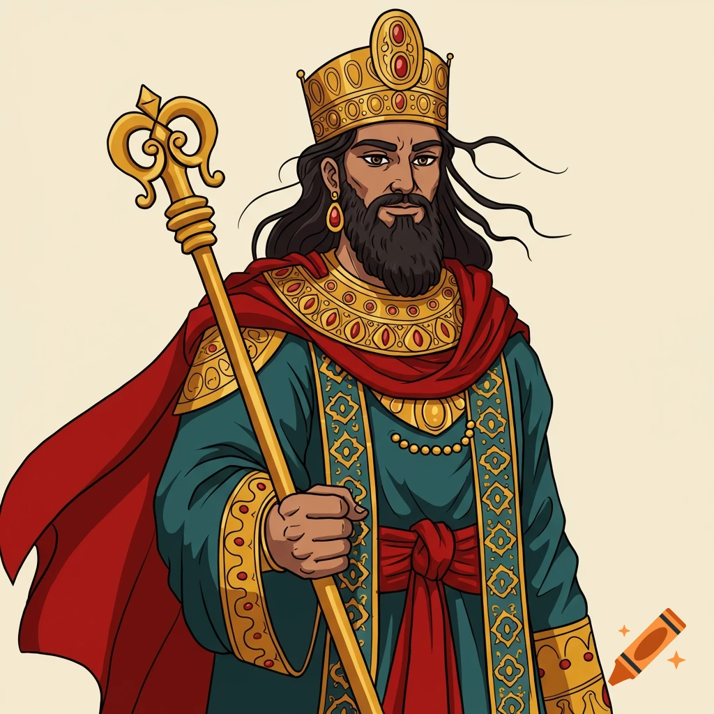 Stylized vector art portrait of a historical king with a crown, robe, and staff.