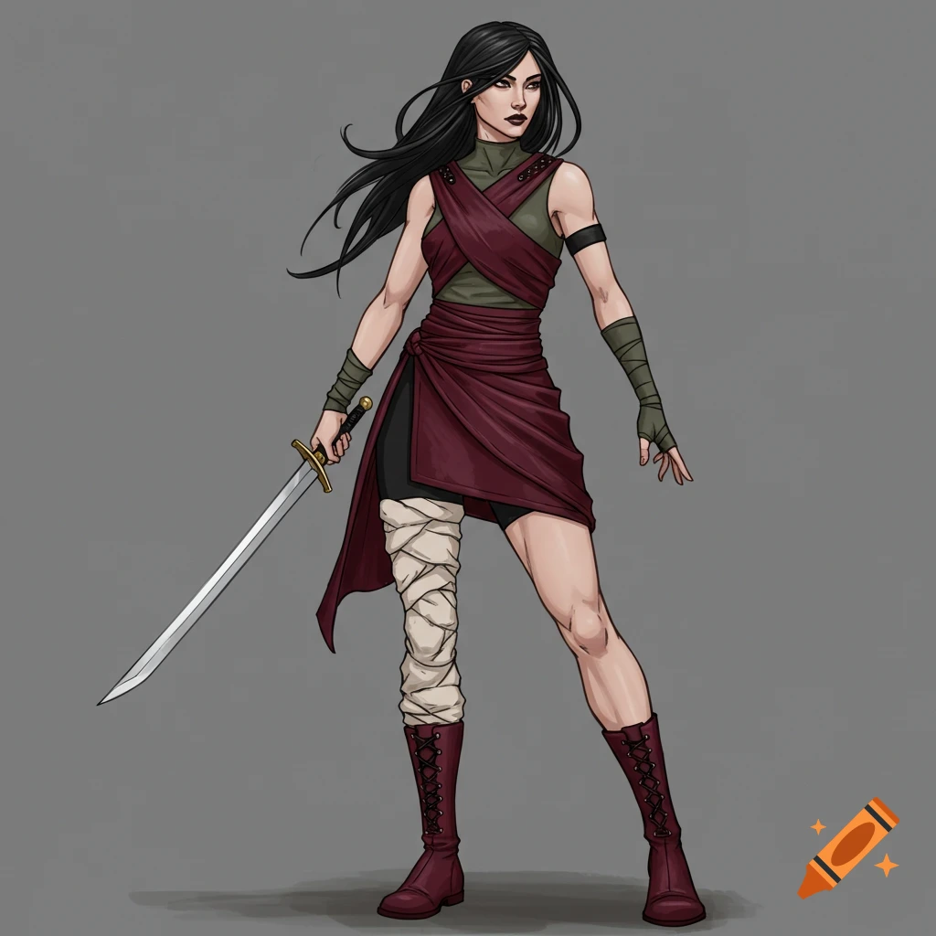 Illustration of a female warrior with dark hair, wrapped burgundy clothing, and a sword.