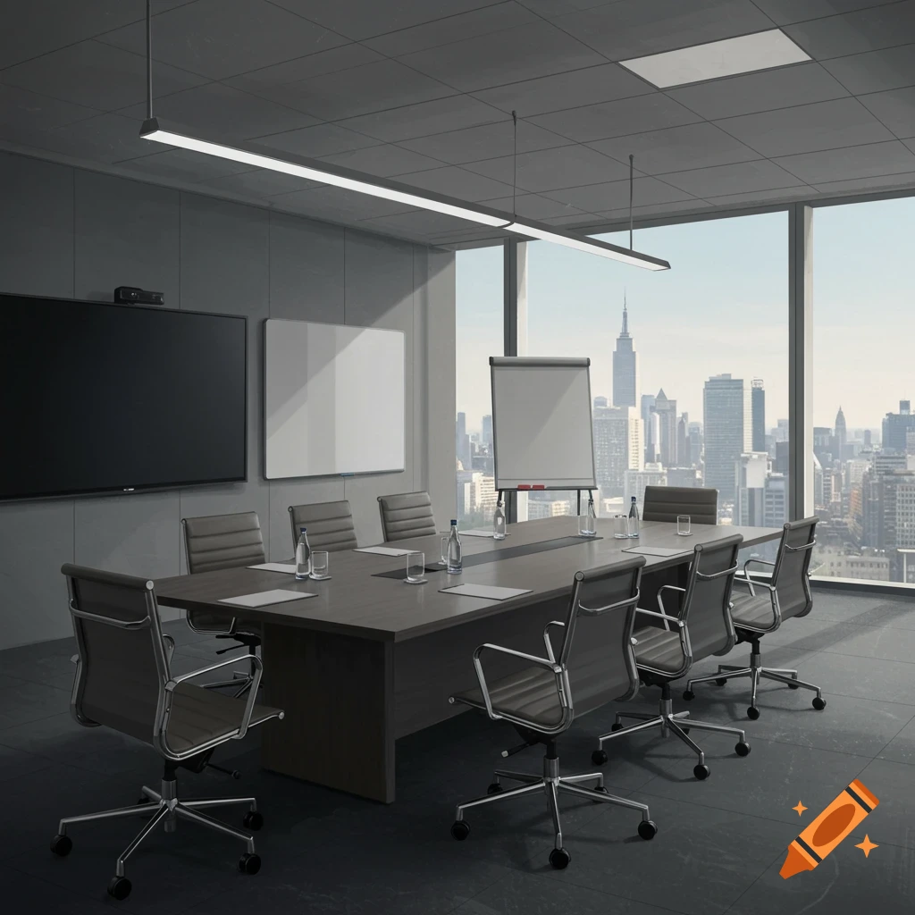 A modern boardroom with a conference table, chairs, screen, whiteboard, flip chart, and a cityscape view.