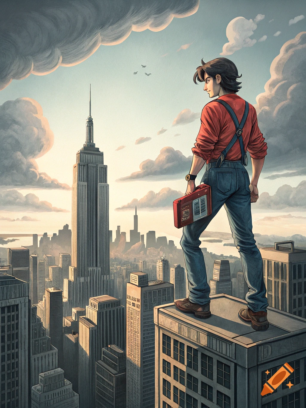 Anime character on a skyscraper rooftop overlooking a city skyline, holding a red case.