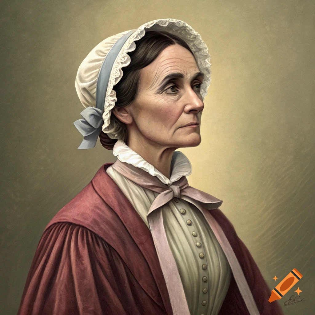 Portrait of an older woman wearing a white bonnet with lace trim, a ruffled collar, and a red dress.