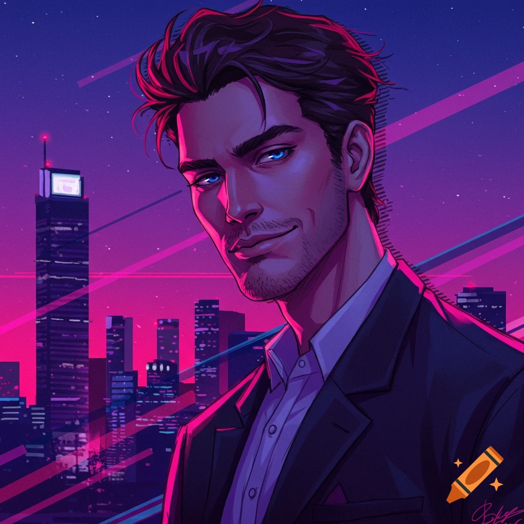 A man in a suit is silhouetted against a vibrant synthwave city skyline at night.