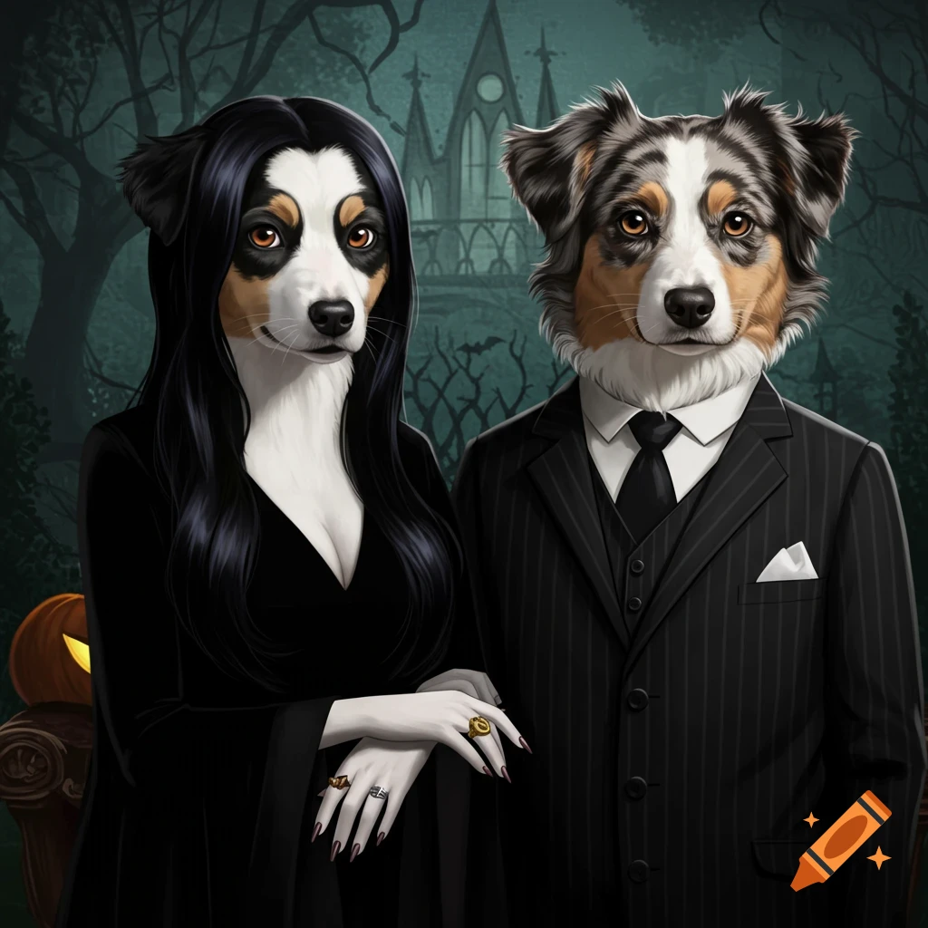 Digital art of two Australian shepherds dressed as Morticia and Gomez Addams standing in front of a spooky house.