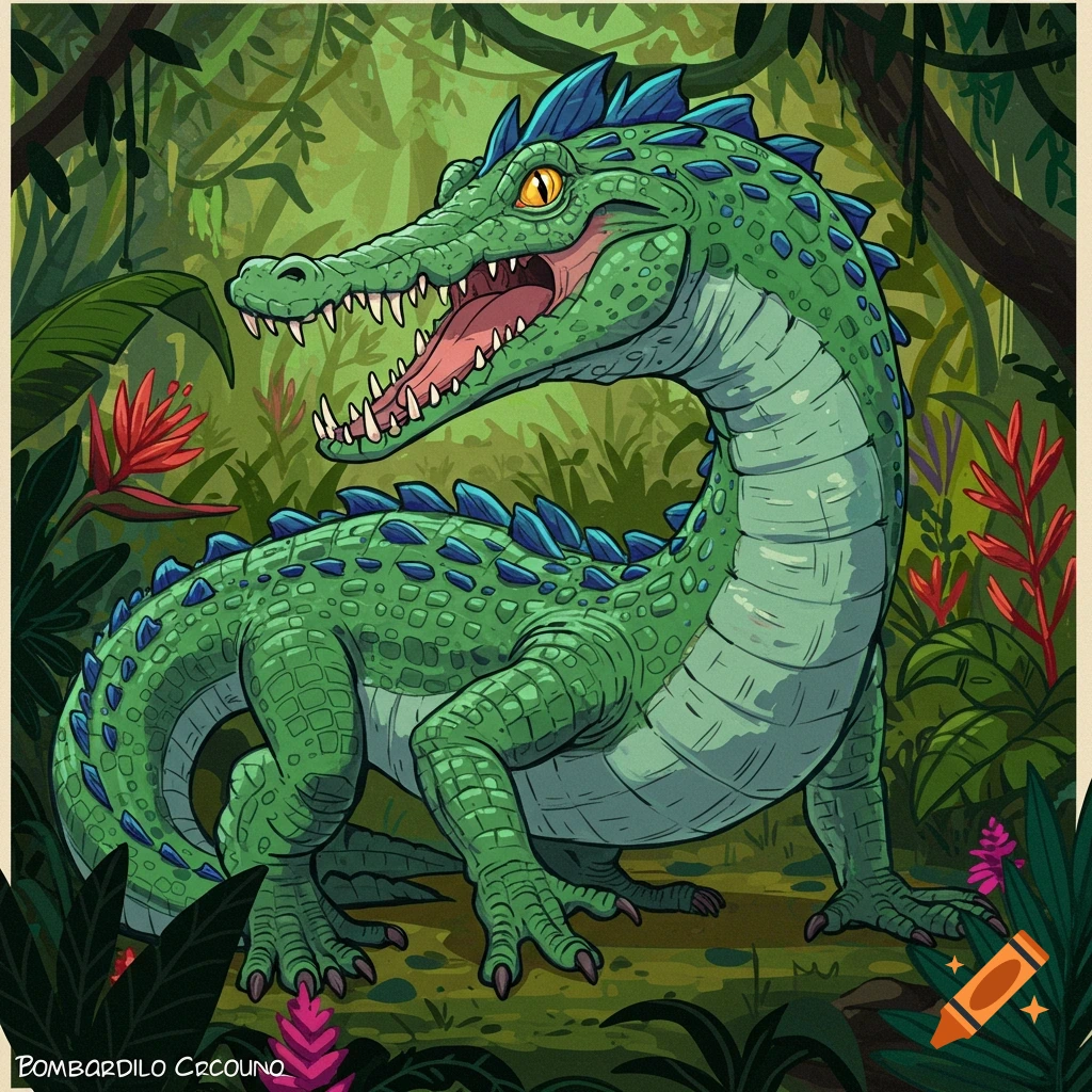 Cartoon illustration of a green alligator with blue spikes in a jungle.