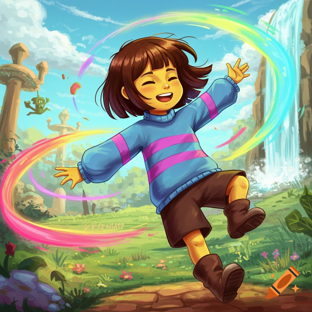A cheerful anime-style image of Frisk from Undertale jumping in a vibrant fantasy landscape.