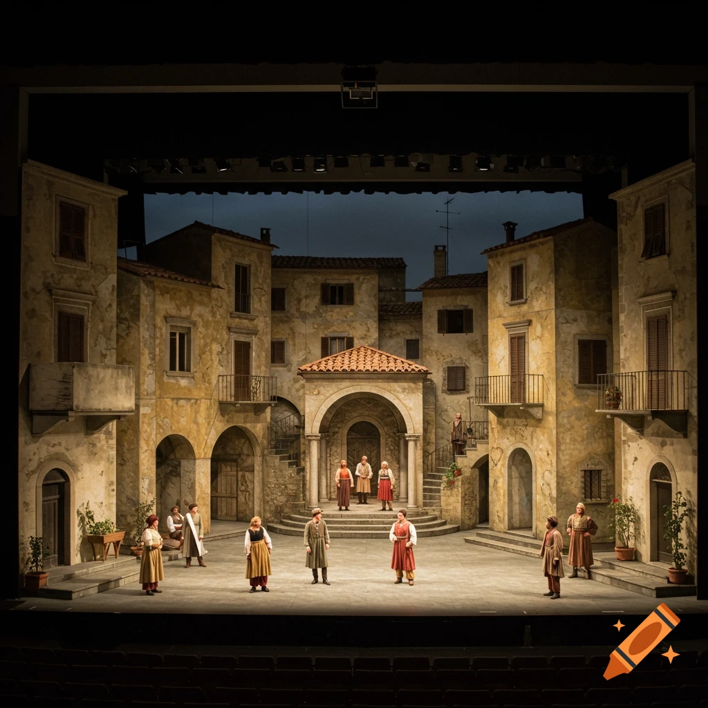 A theater stage set depicting an old Italian village square with actors in costume.