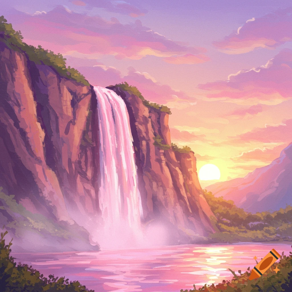 A pastel pink waterfall flowing into a lake at sunset, with rocky mountains and pink and purple clouds.
